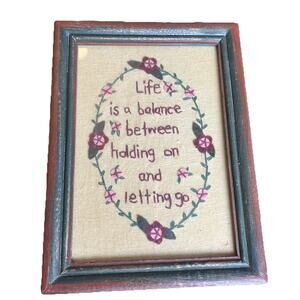 Crewel Embroidery Wood Framed Primitive Sentiment Green & Maroon Wall Art